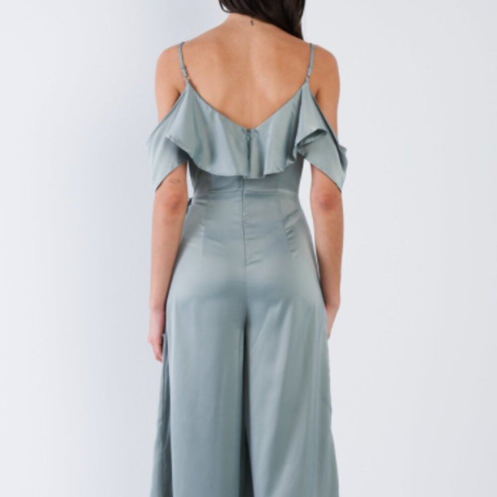 Satin Sage Green Off-The-Shoulder Mock Wrap Chic Jumpsuit - Picture 2 of 4